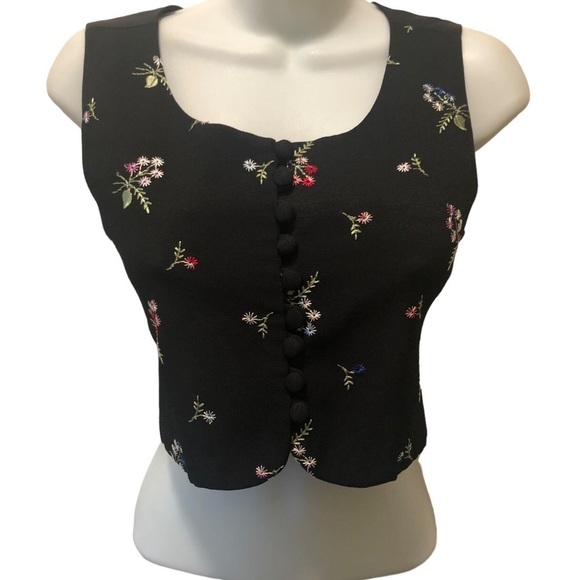 VTG 80’s Cropped Button Front Black Floral Embroidered Vest Size 3 JR Dressy - Picture 2 of 8